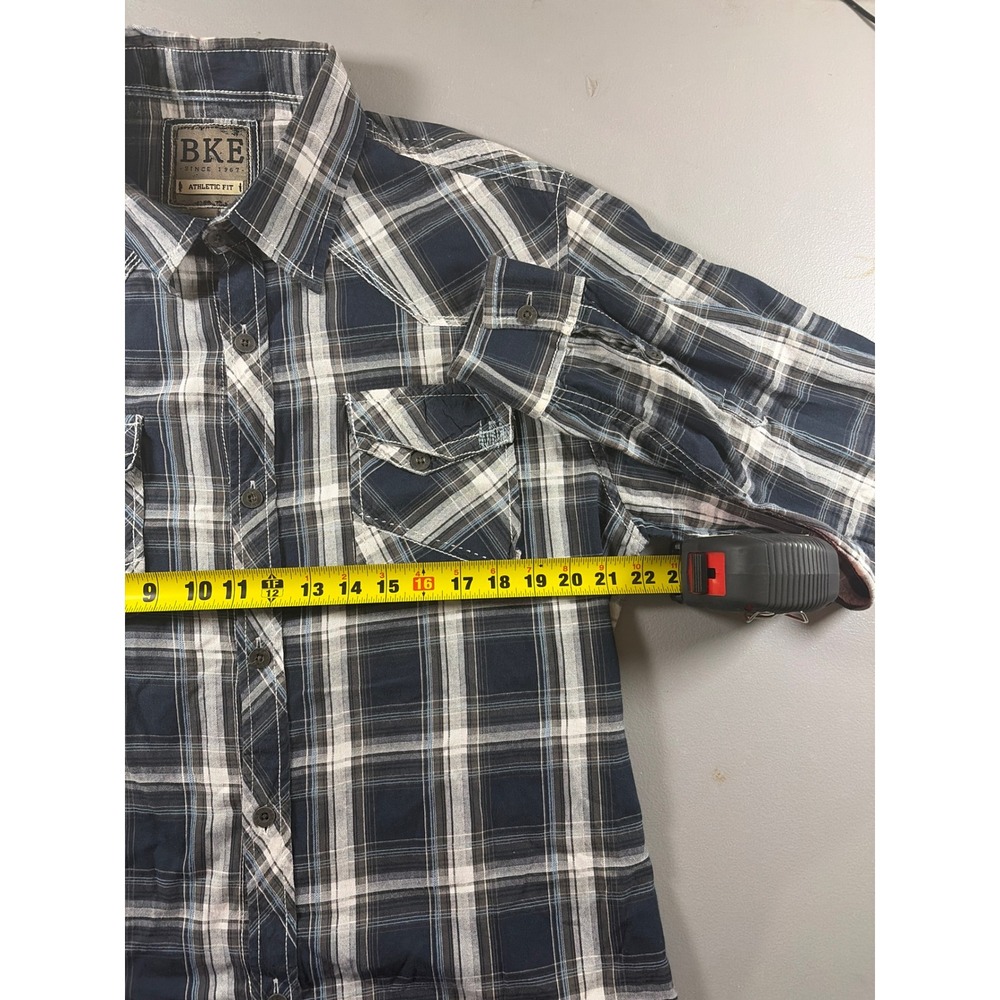 BKE Plaid Button Down Shirt Mens XL Navy Blue Athletic Fit Western Long Sleeve - Picture 4 of 8